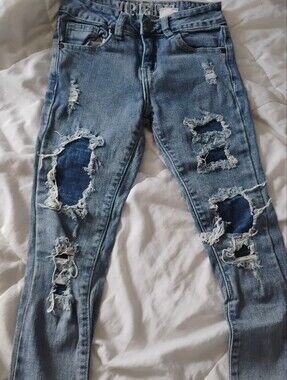 VIP Light Wash Distressed Jeans with Dark Blue Patch Details
